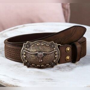 Brown Western Style Belt with Ornate Buckle